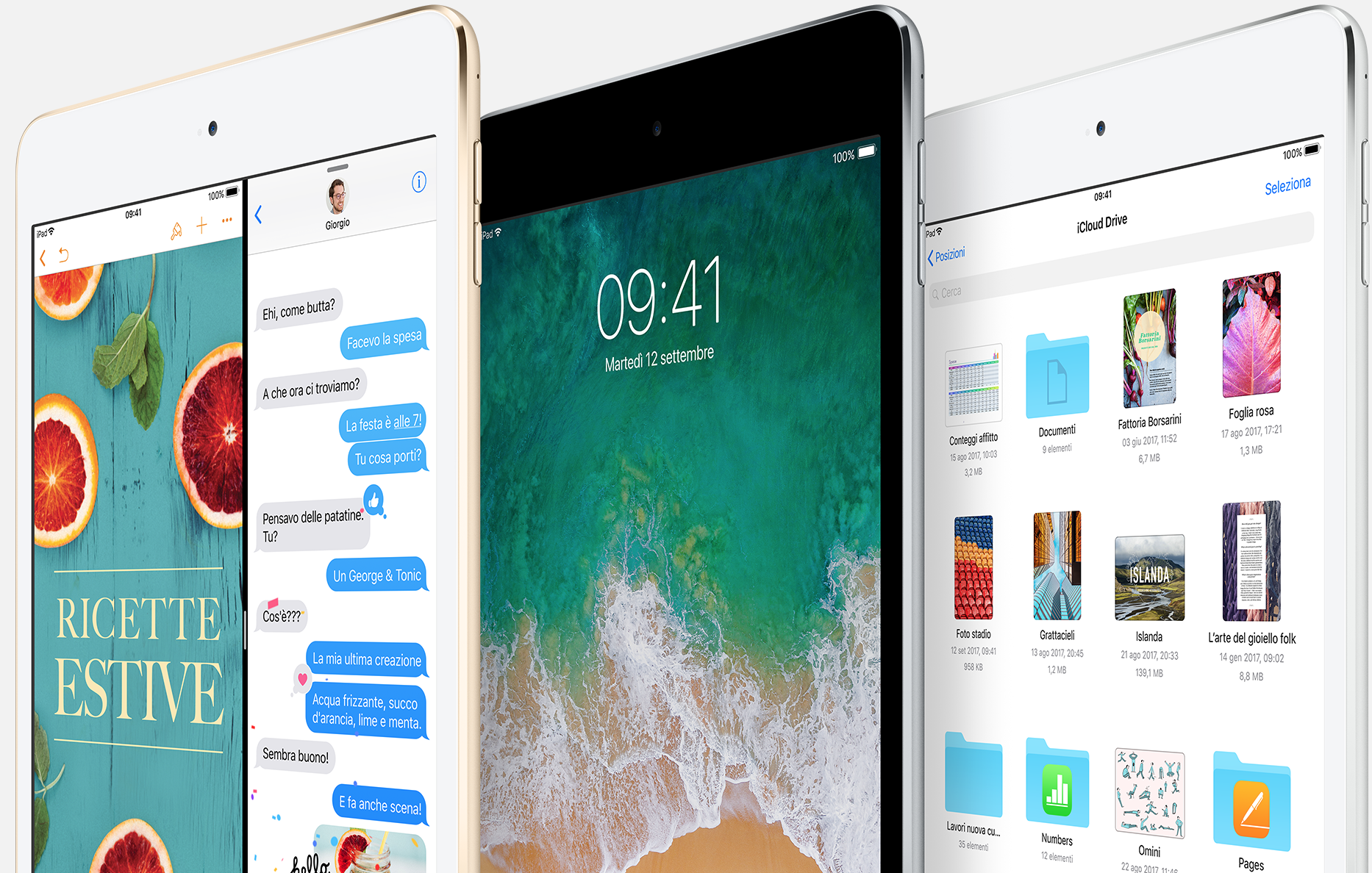 iPad Mini 4 uigwdw Tre iPad mini di diversa colorazione: Oro, Grigio Siderale ed Argento con iOS 13