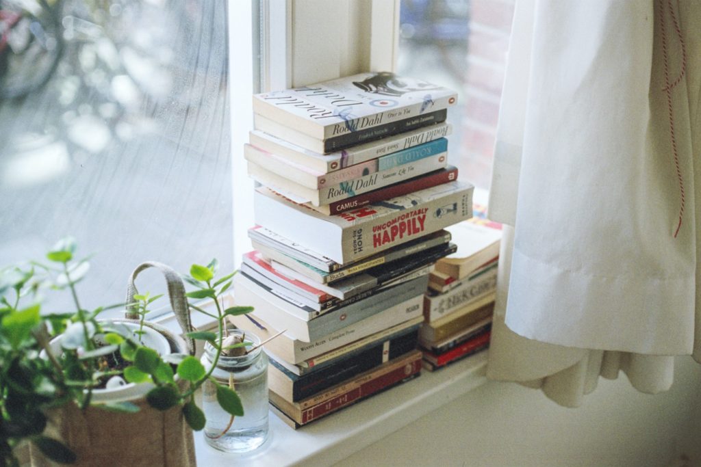 1j8k0qqufyy assorted-title book lot beside window