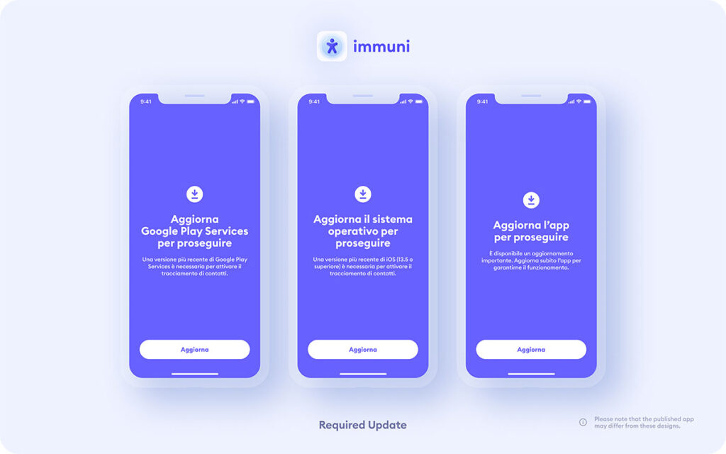 RequiredUpdate Mockup di Immuni dove viene richiesto di aggiornare lo smartphone o l'applicazione