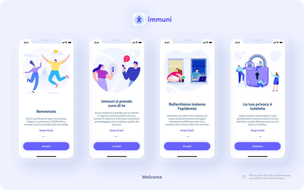 Welcome 1 Prima serie di schermate dell'app Immuni di onboarding