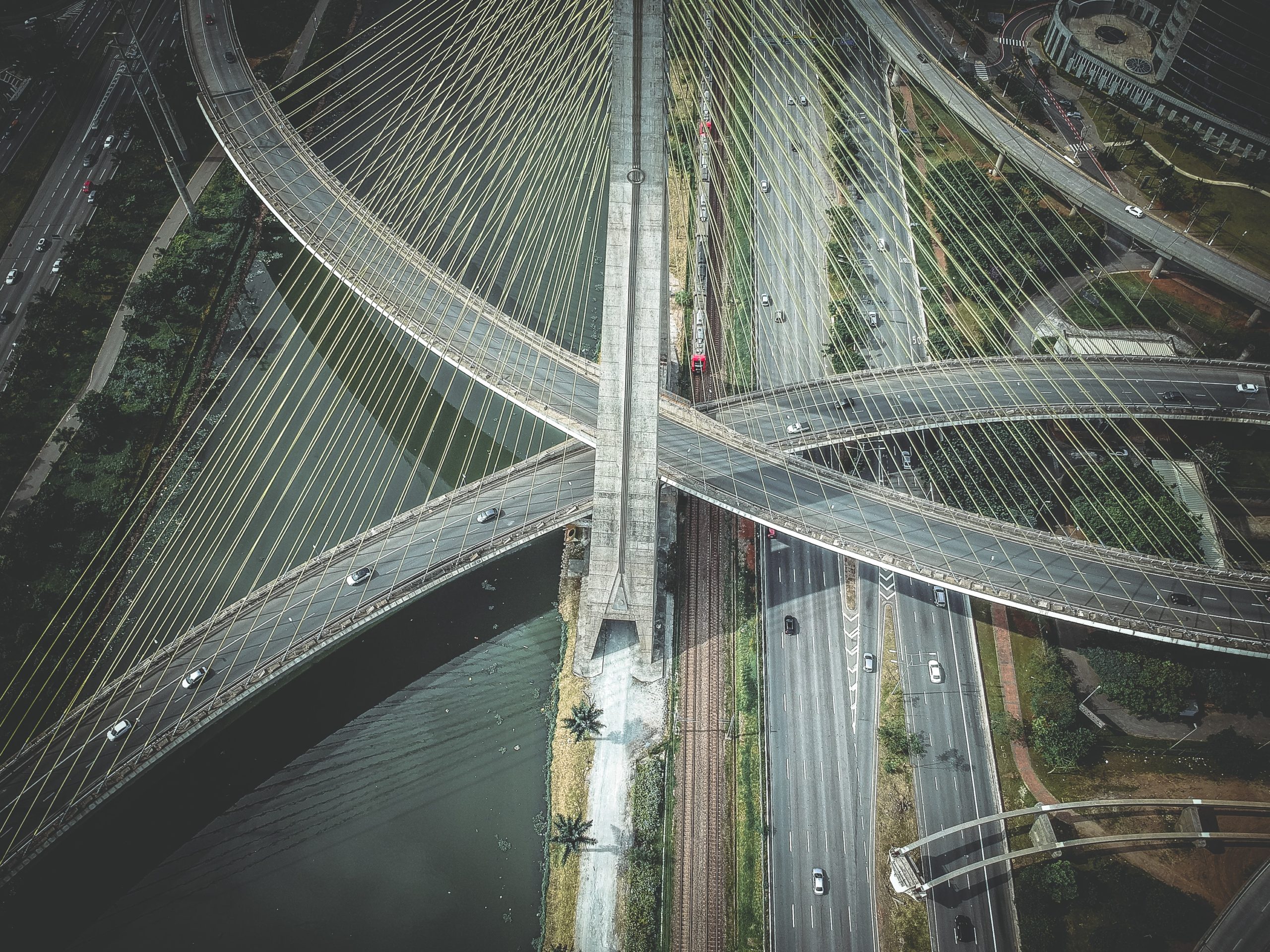 aerial view of concrete road and bridge
