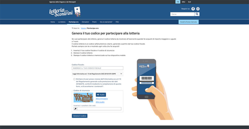 codice partecipare lotteria Il Codice Lotteria è fondamentale per giocare alla lotteria degli scontrini. Si usa e si richiede gratuitamente dal portale ufficiale e viene richiesto solo il codice fiscale. Basterà farlo scansionare all'esercente per partecipare.